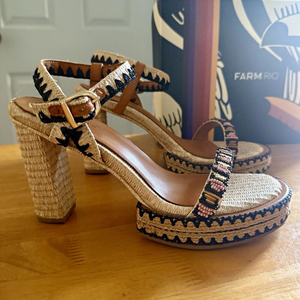 FARM RIO Beaded Platform Ankle Strap Sandals Beige Women’s US 8 EU 39